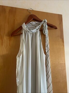 Banana Republic White Sleeveless Pleated Camisole with Olive Chain Stripes